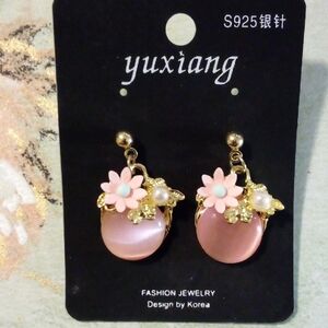 Pink and Gold Floral Drop Earrings